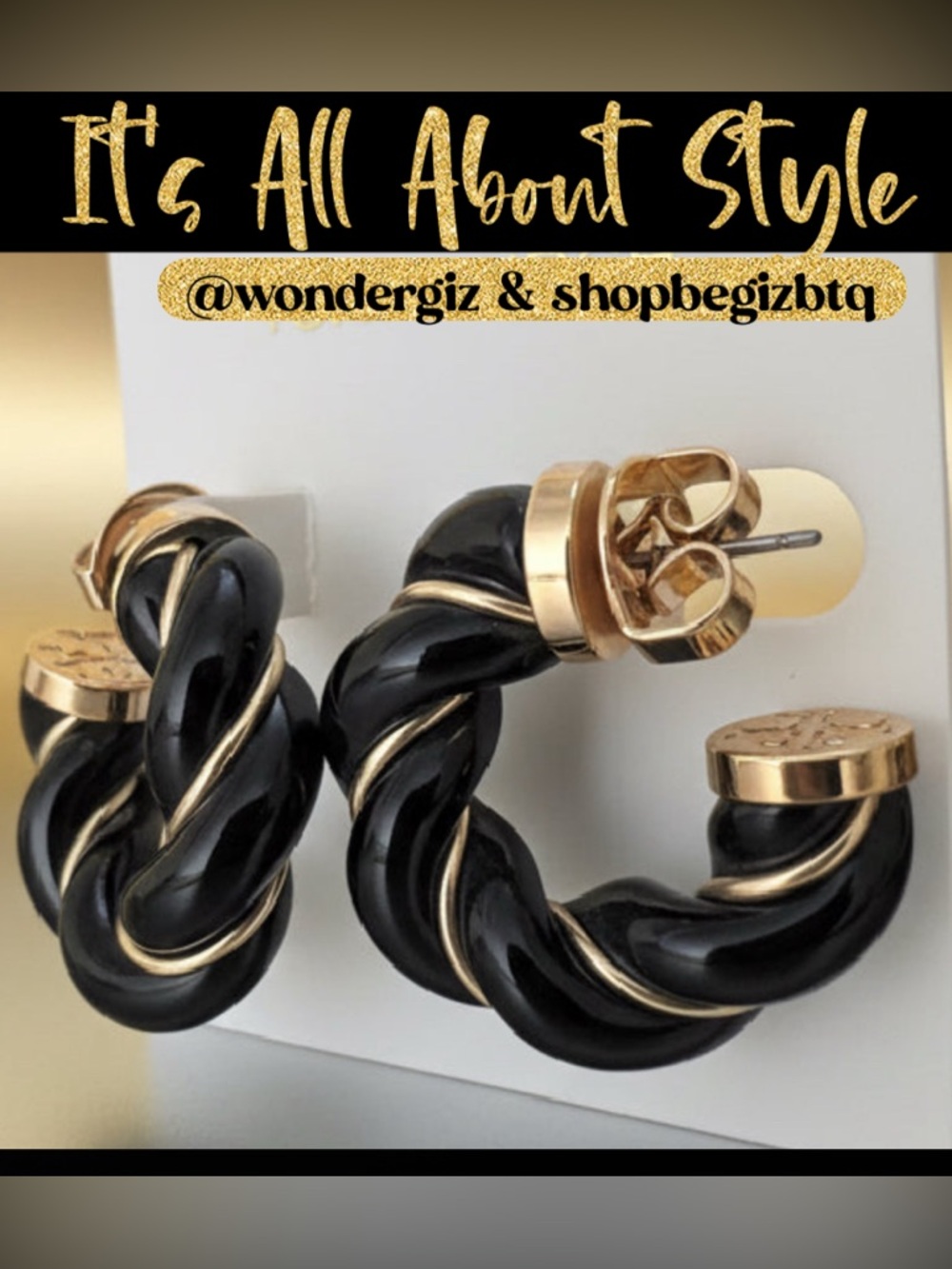 NWT Authentic Tory Burch Black and Gold Textured Rope Hoop Earrings - Picture 10 of 13